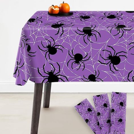 Nappe Toile d'araignée - Grande taille 137 x 229 cm, lot de 3 nappes en plastique violettes et noires pour Halloween (1/5)