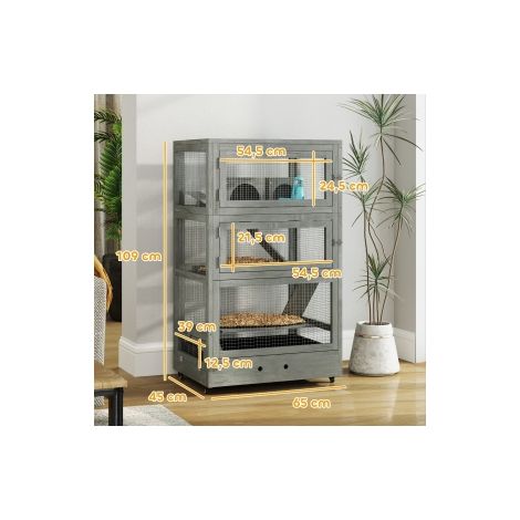 Cage pour hamster nain en bois, 65 x 45 x 109 cm, cage pour rongeurs avec abris, balançoire, plateforme, gamelles, cage à 4 niveaux avec verrou, rampes, roulettes, gris (1/5)