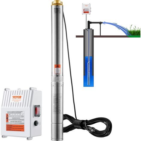 VEVOR Bomba Sumergible para Pozo Profundo, 1500W 230V 60Hz, 9,8 m³/h 108 m de Cabezal, con Cable de 19,4 m y Caja de Control Externa, Bombas de Agua de Acero Inoxidable para Uso Industrial, Riego y Do