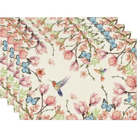 Frühlings-Tischdecke mit Vögeln und Schmetterlingen, 4er-Set Platzsets 45x30 cm für saisonale Dekoration in Küche und Esszimmer