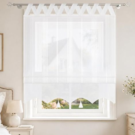 Romain à Passant en V Passe Tringle avec Frange à Pompon Transparent Rideau Voilage pour Fenêtre de Chambre Cuisine Salle de Bain Blanc LxH 100x140CM (1/5)
