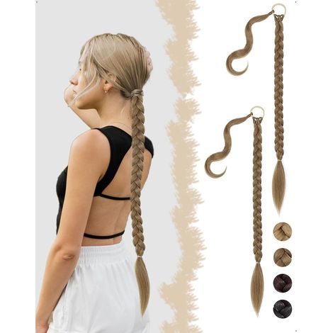 2PCS Extension Queue Cheval Tressée Cheveux, Longue Élastique Tresses Droites Enveloppantes Ponytail Accessoires perruque Postiches Naturel Lisse Synthétiques Rajout Femmes Brun Clair (1/5)