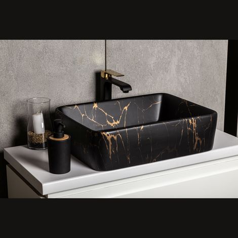 Vasque à poser rectangulaire en céramique marbré noir semi-mat et or – Dimensions 47.5 x 36.5 x 13 cm – Haute résistance chimique et faible porosité – Kerra (1/5)