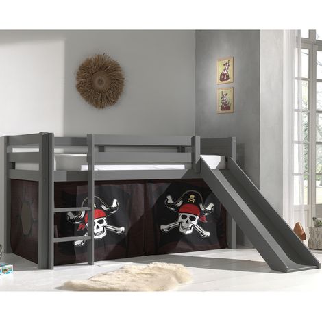 Letto Mi-Altezza 90x200 Scivolo Rete Inclusa Housse Pirata Vipack Pino Grigio
