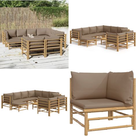 Set de muebles de jardín 10 piezas bambú y cojines gris taupé - Muebles de exterior - Sofás de jardín