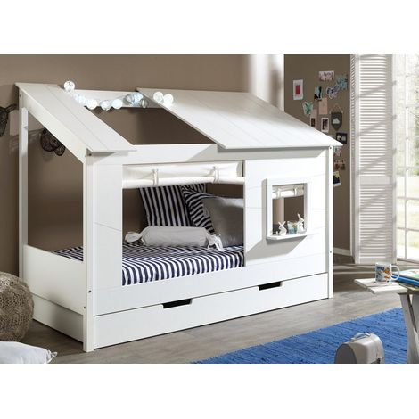 M&S – Lit cabane 90x200 en pin massif avec tiroir sur roulettes – Sommier à lattes enroulable recommandé – Finition blanche lumineuse (1/4)