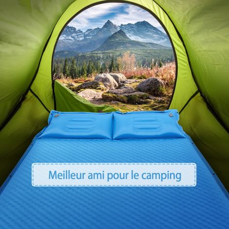 Matelas de Camping Autogonflant 2 Personnes avec 2 Oreillers 187x131x4 CM et Sac Portable en PVC Imperméable pour Randonnées Bleu Maison Chic (1/4)
