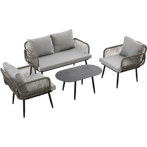 Ensemble de fauteuils lounge de jardin, ensemble de meubles de jardin avec coussins confortables, canapé 2 places, 2 fauteuils et table basse, corde tressée à la main, plateau en verre effet grain de 