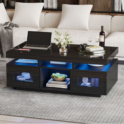 Mesa de centro 100x50x43 cm negro brillo con LED, enchufe y almacenaje MEUBLIV (1/5)