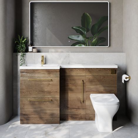 Napoli 390 Tobacco Oak 1500mm 2 Drawer Vanity Unit Toilet Suite with Left Hand Square Lucia Basin - 1500mm - Brushed Brass 320mm HandleWith Kingston Toilet Pan and Seat