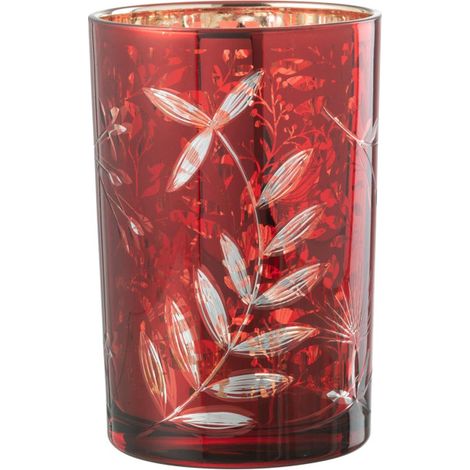 Photophore Déco en Verre "Feuilles" 18cm Rouge (1/5)