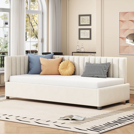 Canapé-lit convertible velours beige 90x200 cm avec sommier intégré (1/4)