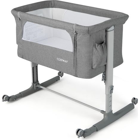 GOPLUS Berceau pour Bébé 3 en 1, Lit pour Cododo Portable avec Mode Berceau, Matelas Amovible, Hauteur Réglable, Poches de Rangement et Roues Verrouillables, Lit de Voyage pour Nouveau-né (Gris)