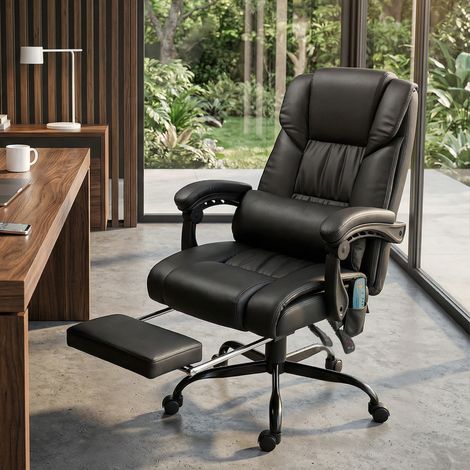Silla de oficina ergonómica con función de masaje, silla de escritorio con reposapiés, respaldo alto, soporte lumbar, color negro.
