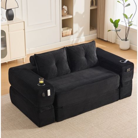 Canapé-lit pliable 180x98x80 cm noir en velours côtelé avec mousse haute densité, ressorts, poches latérales et porte-gobelet (1/5)