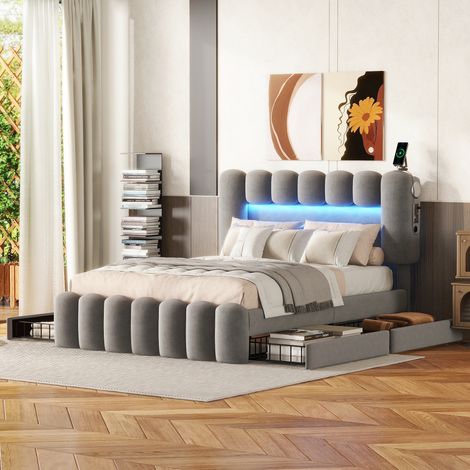 Lit capitonné 140 x 200, lit capitonné avec 4 tiroirs, lit capitonné avec bande lumineuse LED avec USB et stéréo, gris (1/5)