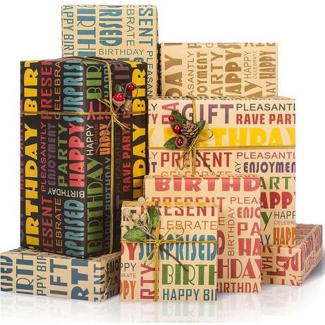 Kraft Gift Wrap, Birthday Wrapping Paper, Retro Gift Wrapping Paper, Children's and Men's Birthday Gift Wrapping Paper for All Birthday Occasions (5 Sheets, 70x50cm) (1/5)