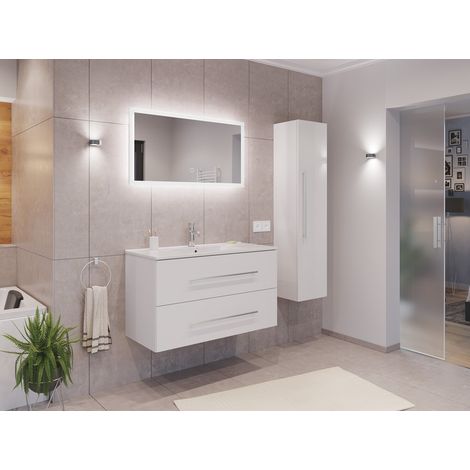 Badmöbel Set Firenze 100 3tlg. LED Spiegel und Hochschrank weiß hochglanz