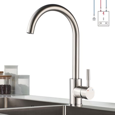 Robinet cuisine basse pression – Mitigeur évier pivotant 360° en acier inoxydable, levier unique avec 3 raccords pour cuisine et jardin (1/5)
