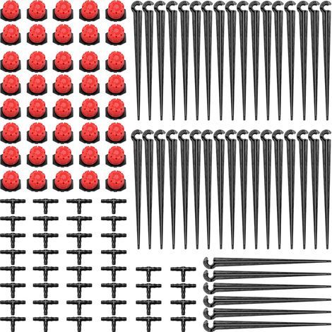 120 Pièces Kit d'irrigation de Goutte Automatique, 40 Goutteur Irrigation Réglable + 40 Tee-Joint de Tuyau + Piquet de Support pour Tube d'égouttement 4/7mm, pour Jardin, Pelouse, Rouge (1/5)