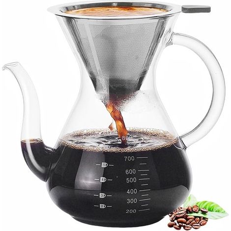 Cafetière en verre – 800 ml – Filtre inox – Carafe à café – Filtre à main (1/4)