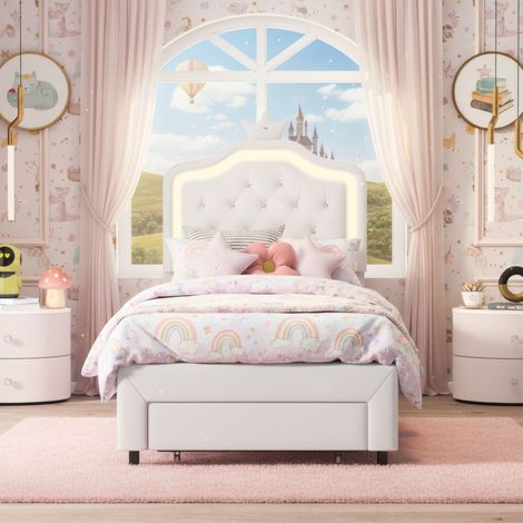 Letto Singolo per Bambini 90x200 cm con LED e Cassetto, Letto Imbottito in Similpelle con Testiera a Corona, Stile Principessa Moderno, Bianco