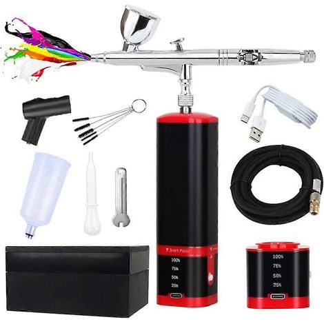 Kit aérographe double action avec compresseur et batteries remplaçables, sans fil, compatible avec le nail art et la peinture. (1/5)