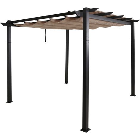 Pergola in alluminio HHG-024, gazebo da giardino, struttura stabile 8cm tetto scorrevole UV50+ 3x3m, avorio beige