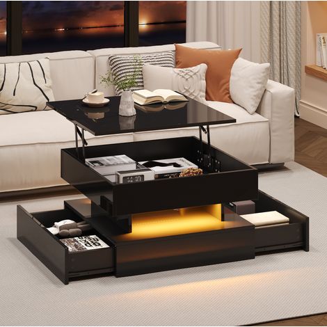 Table basse relevable 65x65x38,5 cm noire en panneaux de particules avec LED et rangement caché (1/5)