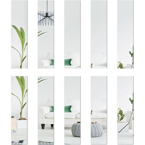 Lot de 10 miroirs en verre - 5 x 20 cm chacun - Carreaux de miroir - Décoration murale - Autocollants rectangulaires - Effet 3D - Miroir mural autocollant - Bricolage sans cadre - Argenté (1/5)
