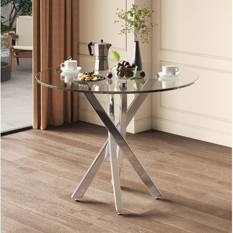 MEUBLIV Table à manger ronde 80 x 80 x 75 cm argent – plateau en verre trempé (1/5)