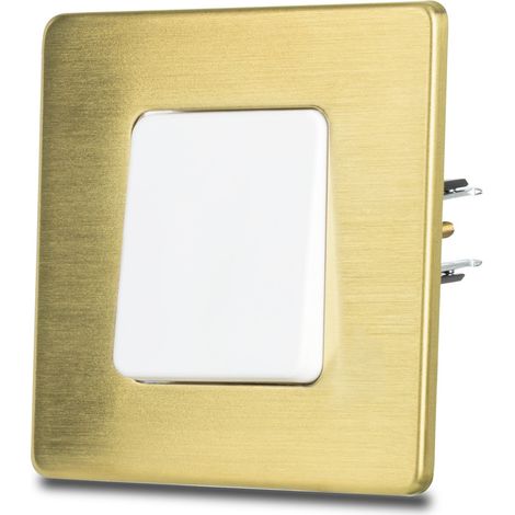 Einzelner weißer Treppenlichtschalter, gebürsteter Stahl, PVD-beschichtetes Messing (1/5)
