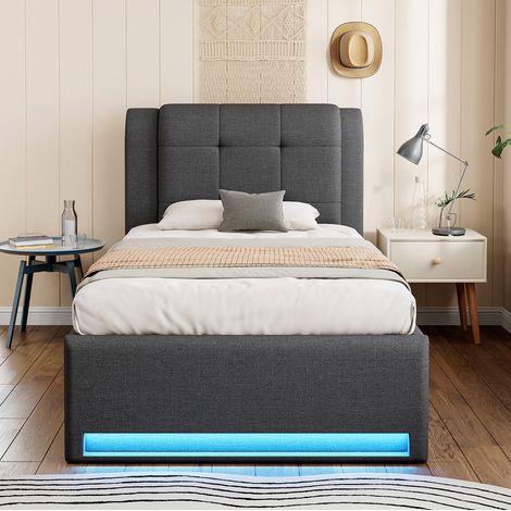 Cama nido 90x200 cm - Con cabecero con LED y almacenajes - En lino - Gris (1/5)