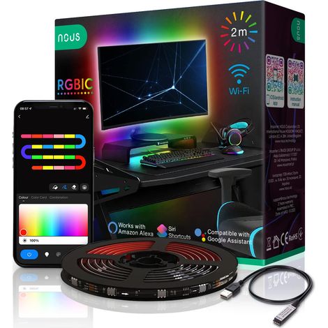NOUS F9 2m RGBIC LED Retroilluminazione TV, Retrofit TV Ambilight, Striscia RGBIC Wifi, Natale, Striscia 2m, Smart Home Tuya Smart Life, Alexa Google Assistant, 2.4GHz (1/4)
