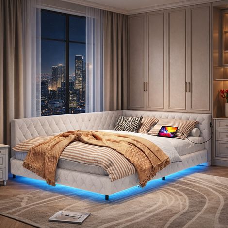 Canapé lit 140x200 cm, lit banquette 2 places avec LED et chargement USB et type-c lits canapé lit double avec sommier à lattes, pour adultes et adolescents, beige