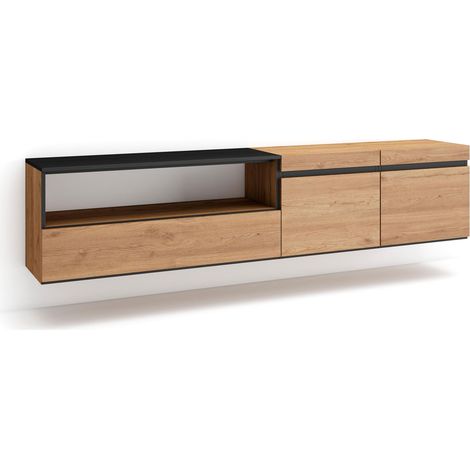 Skraut Home - Mueble TV, Televisión, Muebles de salón, almacenaje, 200x45x35cm, Para TV hasta 80", Colgado, Suspendido, Estilo Moderno, Roble y negro