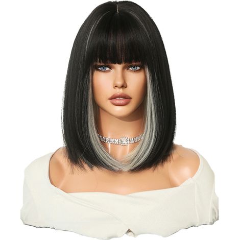 Kurze, hitzebeständige, graue Synthetik-Lob-Perücke mit Pony für Damen – ideal für Alltag und Partys [Produkt] [Marke nicht angegeben] [Nicht zutreffend] [Naturgrau, hitzebeständig] (1/4)