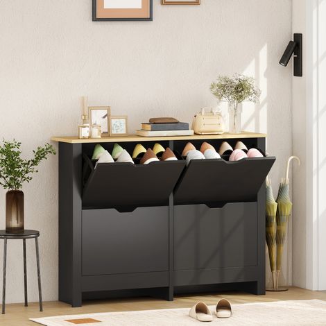 Meuble à chaussures 16 paires – Armoire avec 4 tiroirs rabattables. étagères réglables. noir et bois naturel – Rangement spacieux (1/5)