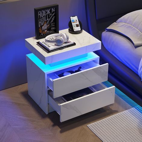 Comodini 50x53x36cm con 2 cassetti, cassettiera, LED, per camera da letto, legno, bianco-grigio (1/5)