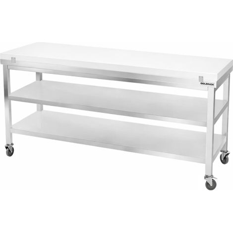 Table de travail en inox 1800x700 mm avec plaque de découpe blanche et 2 étagères sur roulettes PREMIUM - GOLDINOX (1/4)