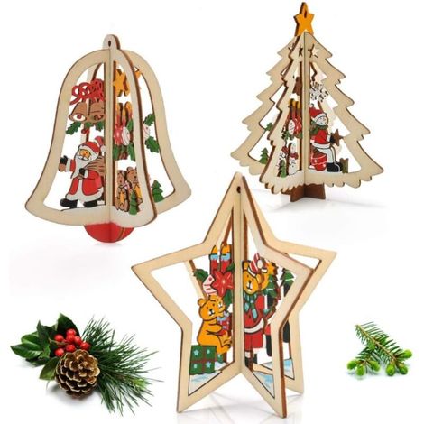 Pendentifs de Noël, lot de 3 décorations de sapin de Noël en bois (cloches, étoiles, sapin de Noël)-Fei Yu