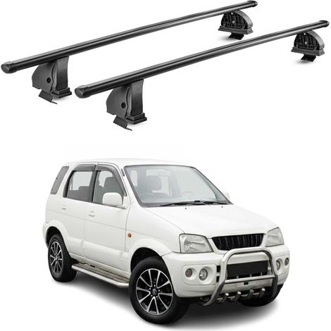 OMAC Barres de toit transversales en acier pour Daihatsu Terios I 1997-2005 – TÜV / DIN 75302:2019 – Antivol inclus – Rainure en T (accessoires) – Charge max 75 kg – 2 barres – Noir (1/4)