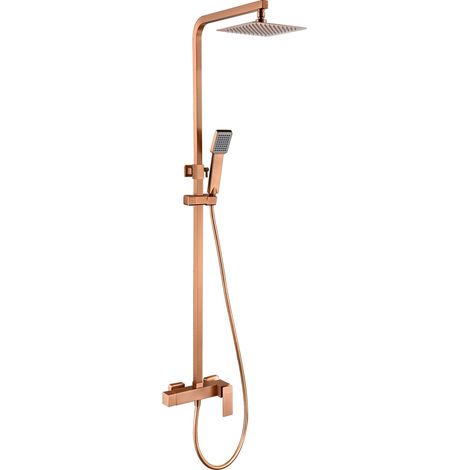 IMEX Duschsäule Pisa in gebürstetem Rosegold aus Edelstahl und Messing mit ausziehbarer Duschstange extraflachem 20x20 cm Antikalk-Duschkopf einstellbarer Halterung und Keramikkartusche