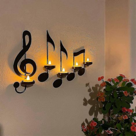 Lot de 4 appliques murales noires en forme de note de musique, bougeoir en forme de clé de sol, décoration murale vintage (1/5)
