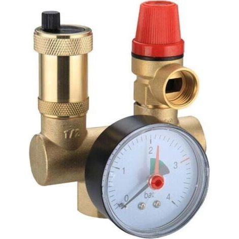 [JAMAIS UTILISÉ]Kit de sécurité ballon d'eau chaude, raccord fileté 1" et 3/4" 6 bar, avec clapet anti-retour, vanne de vidange, manomètre, chauffage central, chauffage au sol (1/4)