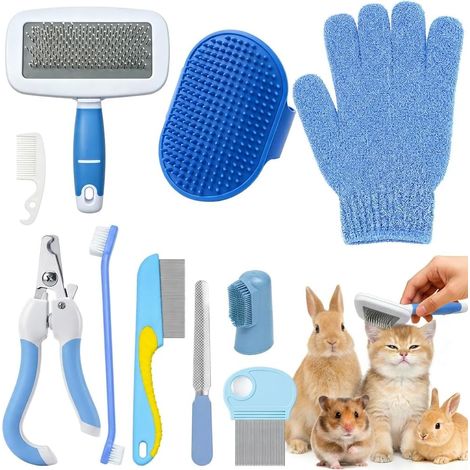 10 Pièces Kit d'Entretien pour Lapins, Kit Toilettage Lapin Petits Animaux comprenant Brosse de Massage Coupe‑ongles Brosse à Dents pour Lapins Chats Chiots Cochons d'Inde Hamsters (Bleu) (1/5)