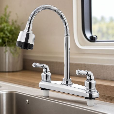 Robinet de cuisine pour camping-car, double poignée eau chaude et froide, bec pivotant 360°, deux modes de jet, finition argentée, modèle SY-51016 (1/5)