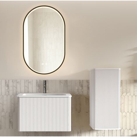 Set mobili bagno sospeso, lavabo, specchio LED, design minimal, MDF, alluminio, vetro, bianco (1/5)
