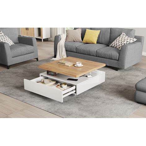Table basse blanche et noyer en panneaux de particules avec plateau pivotant à 360 , tiroir et rangement pour salon et séjour (1/5)