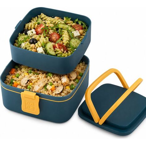 Boîte à lunch double couche avec poignée, étanche et résistante au micro-ondes, pour travail, école, fitness et déplacements, bleu (1/5)